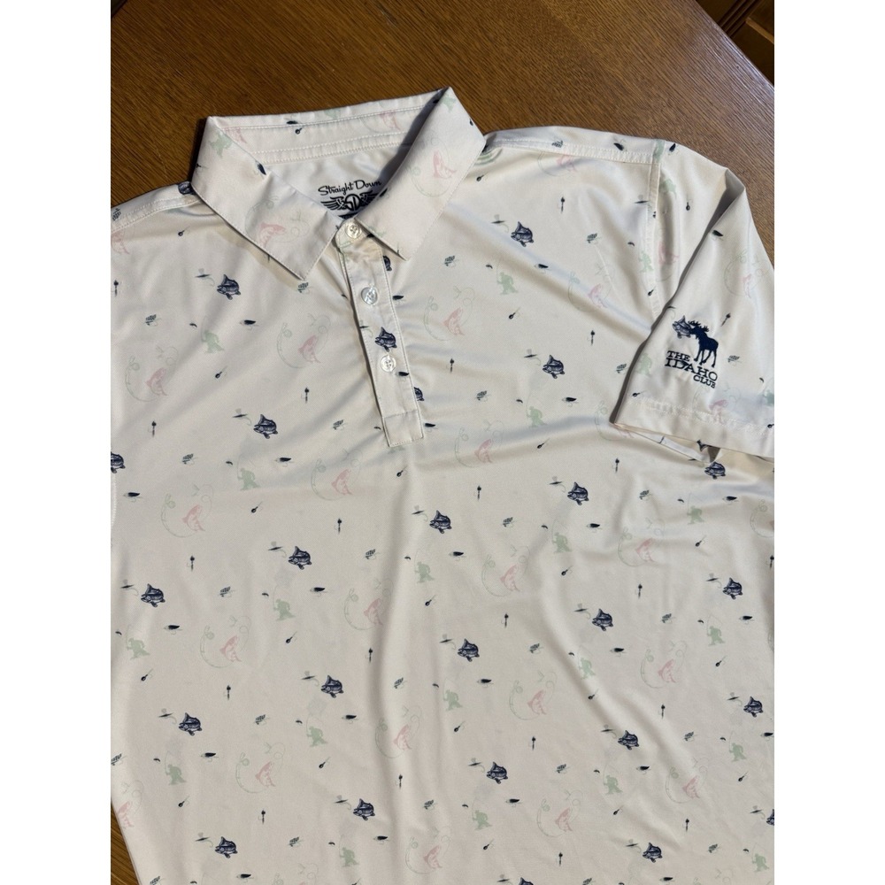 Straight Down Polo XL Fly Fishing Trout Print Idaho Club Golf Moose Logo Stretch